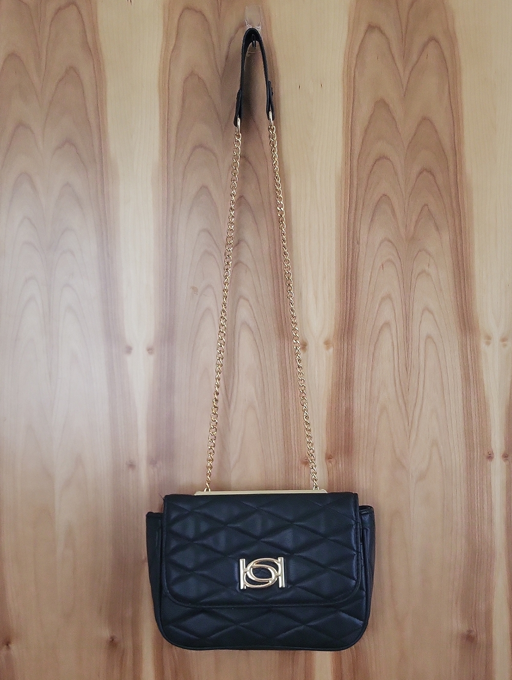 bebe Black Quilted Crossbody with Gold Chain